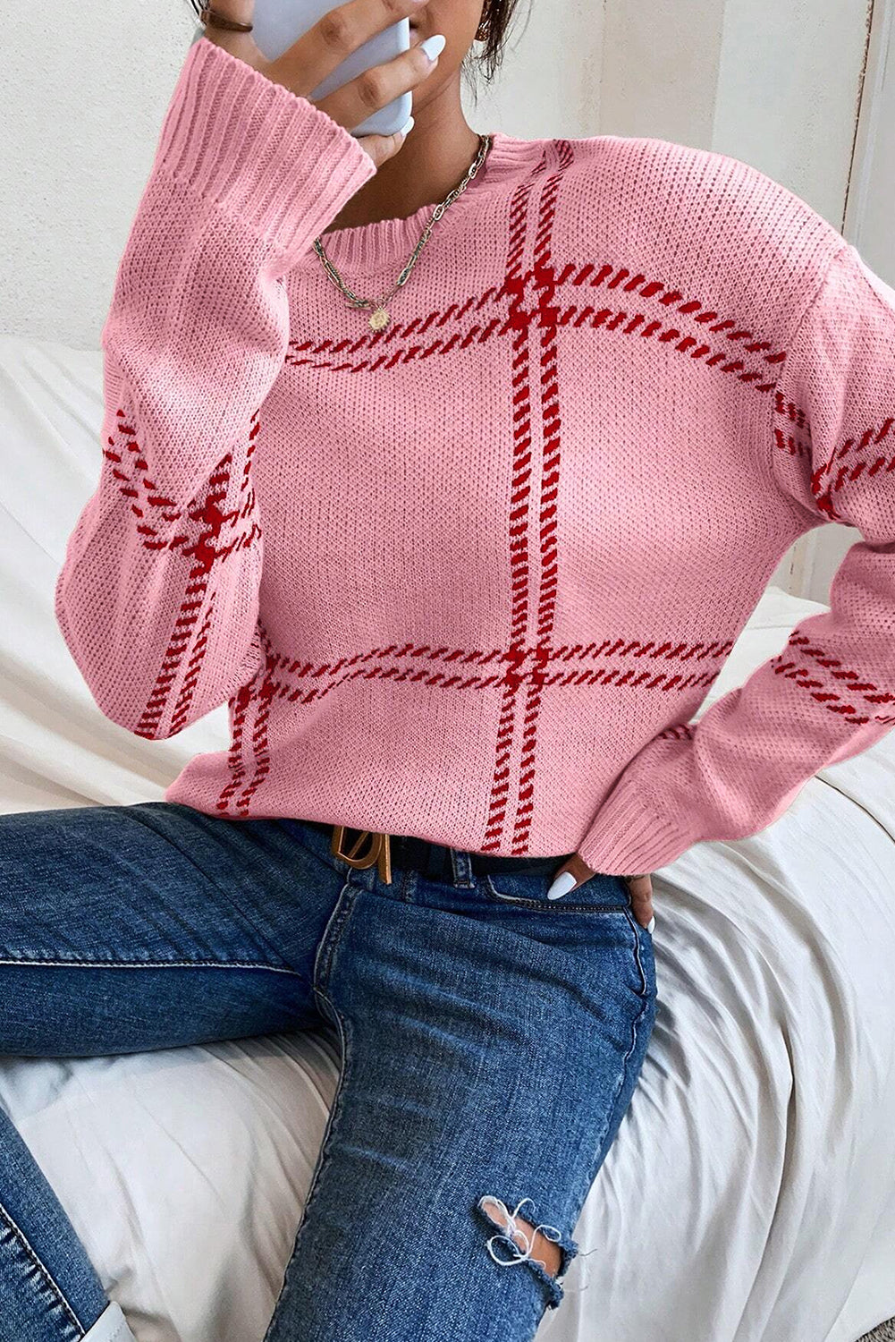 Khaki Plaid Pattern Knitted Drop Shoulder Sweater