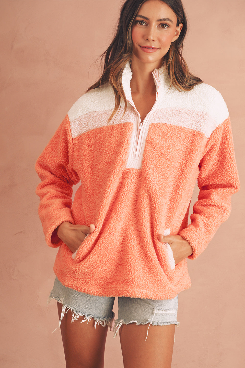 Orange Colorblock Zipper Stand Neck Sherpa Sweatshirt