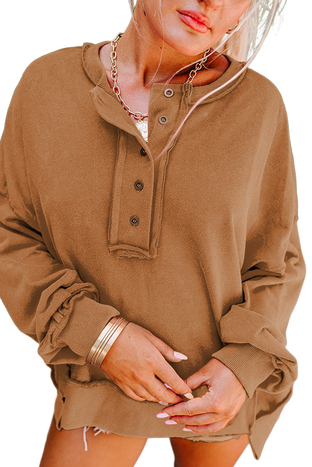 Chestnut Slouchy Drop Shoulder Henley Sweatshirt