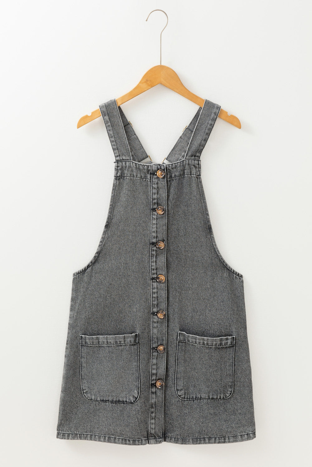 Medium Grey Wide Strap Button Front Pocketed Denim Short Dress