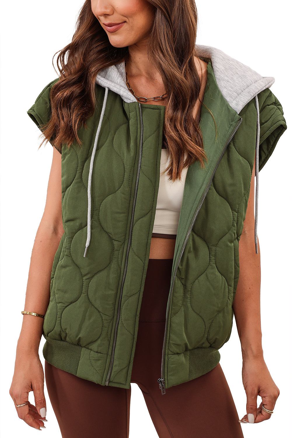 Black Quilted Drawstring Hooded Zip Up Puffer Vest