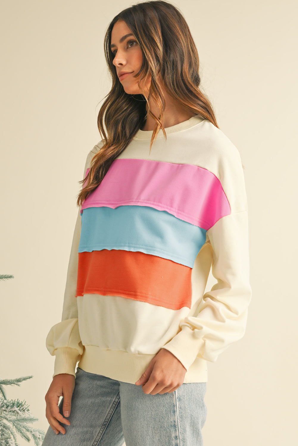 White Colorblock Patchwork Drop Sleeve Sweatshirt