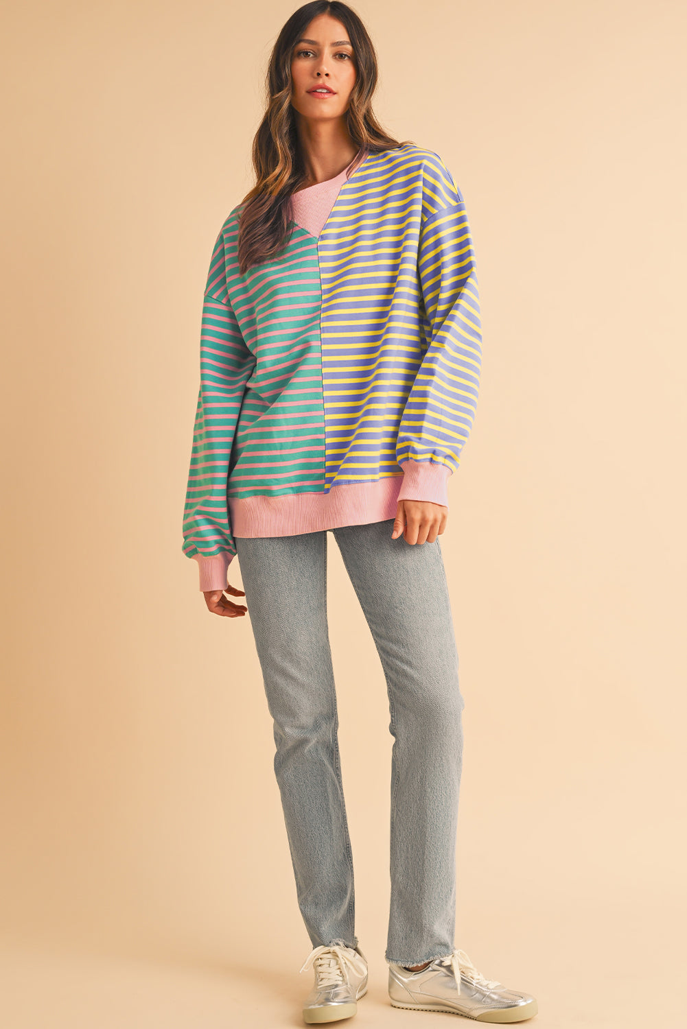 Stripe Colorblock Drop Shoulder Oversized Sweatshirt