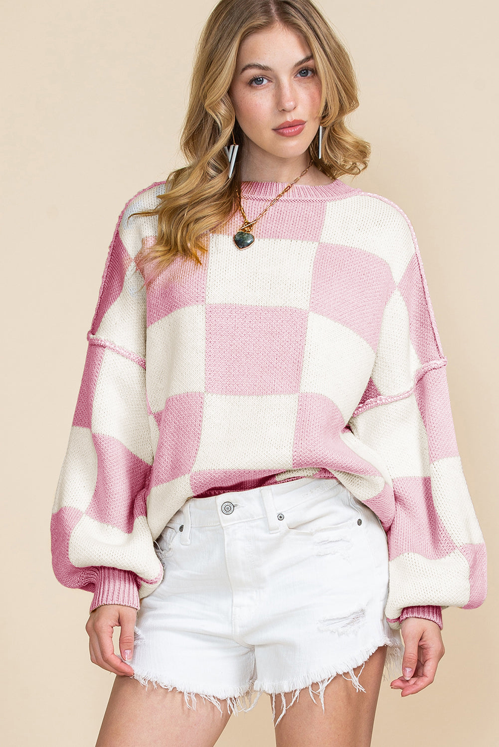 Checkered Bishop Sleeve Pullover Sweater