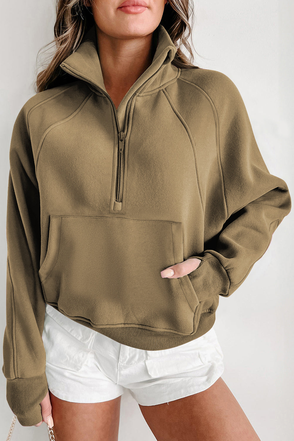 Zip Up Stand Collar Thumbhole Sleeve Sweatshirt