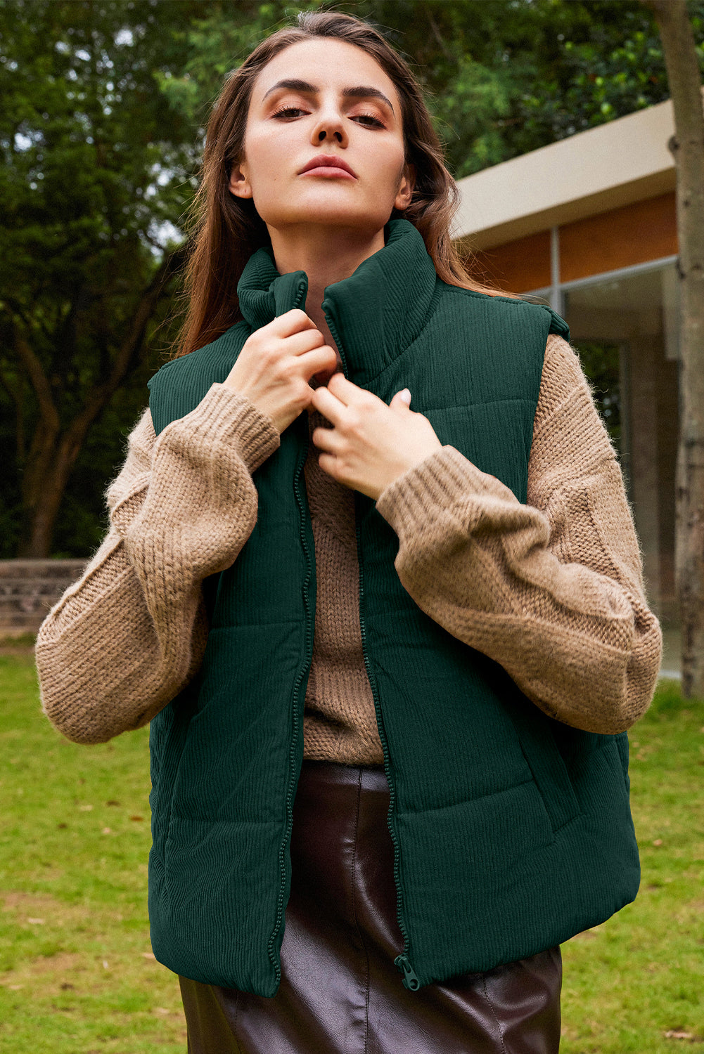 Coffee Solid Color Corduroy Puffer Vest Coat