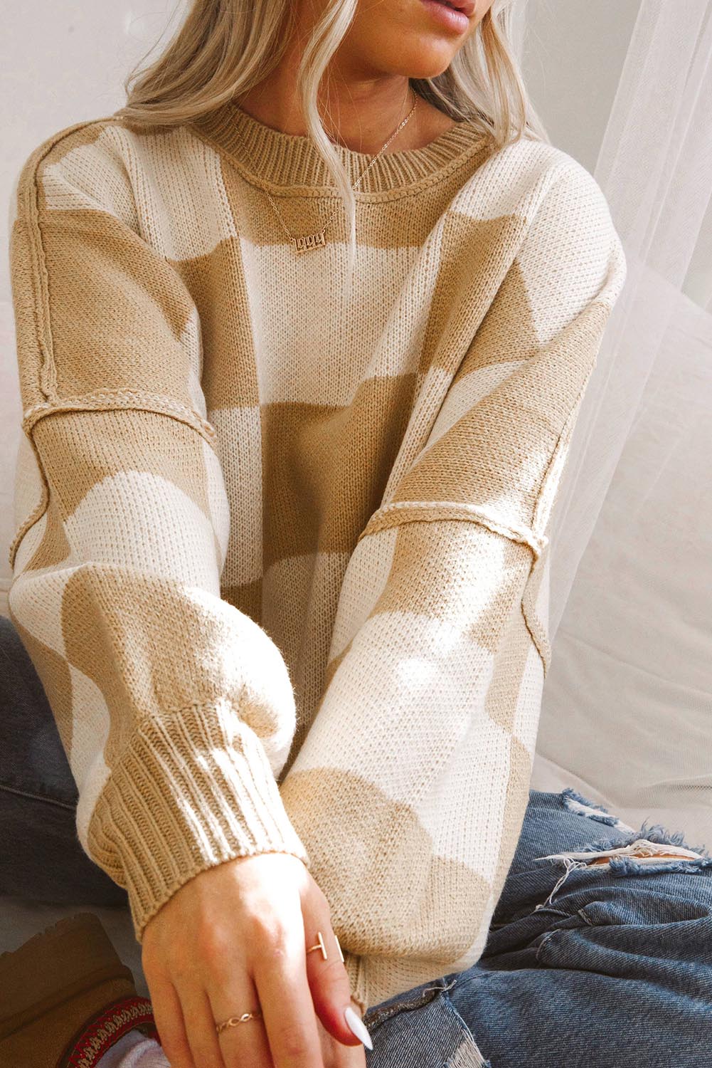 Checkered Bishop Sleeve Pullover Sweater