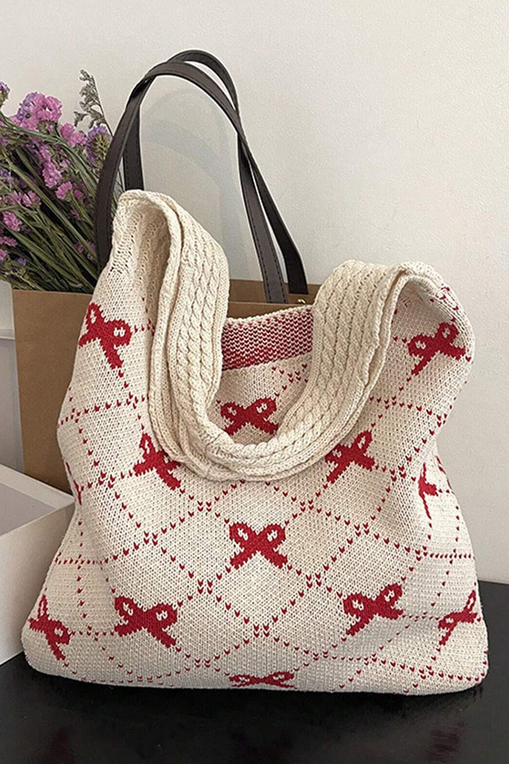 Fiery Red Bow Argyle Pattern Cable Knit Handle Tote Bag