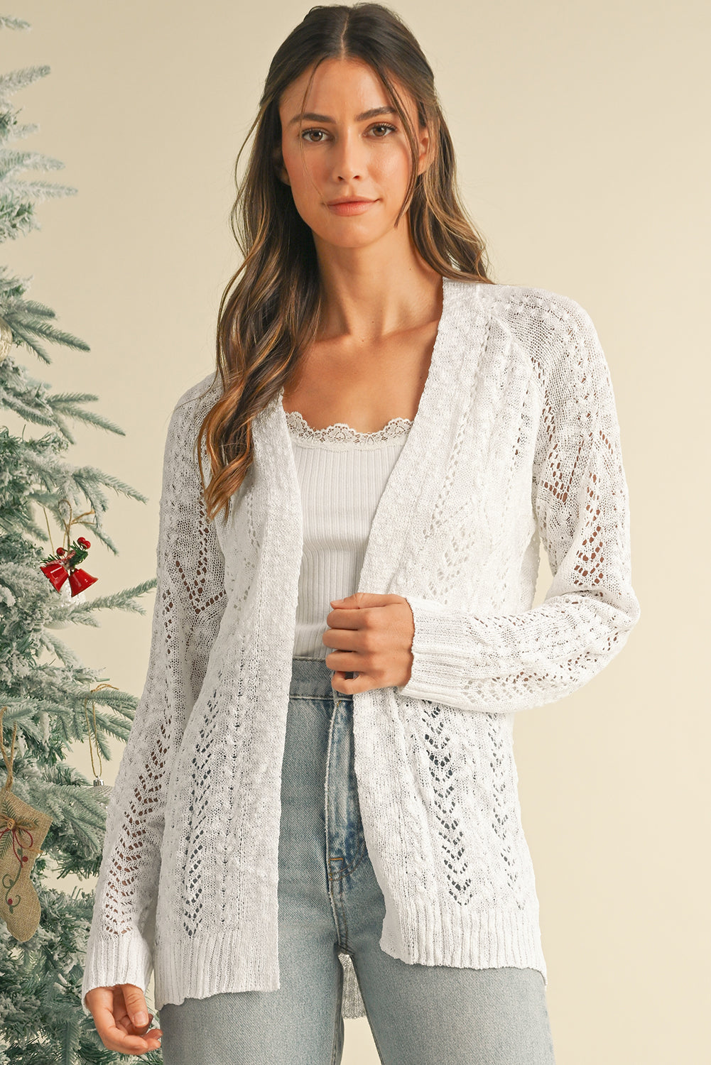 White Solid Color Hollow Knit Open Front Cardigan