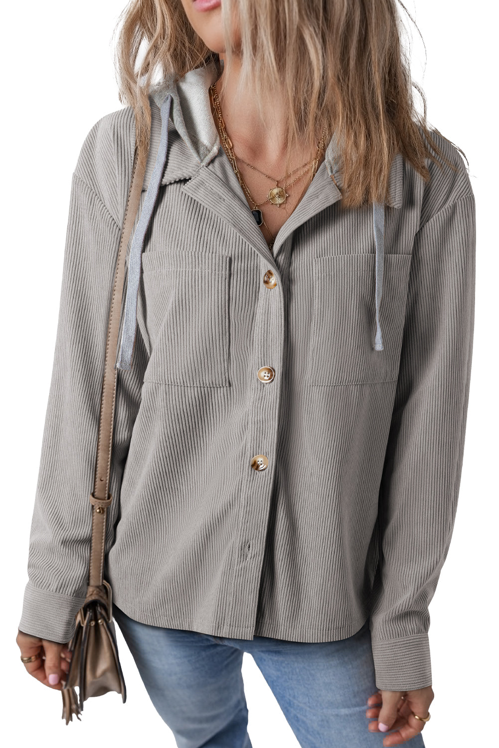 Pale Khaki Pockets Drawstring Hooded Corduroy Shacket