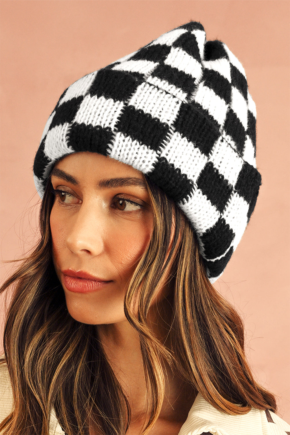 Black Two Tone Checkered Folded Eaveless Beanie Cap