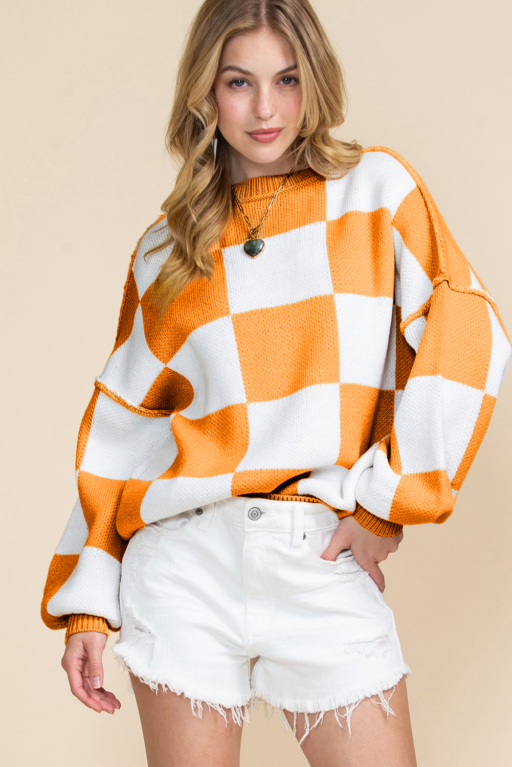 Checkered Bishop Sleeve Pullover Sweater