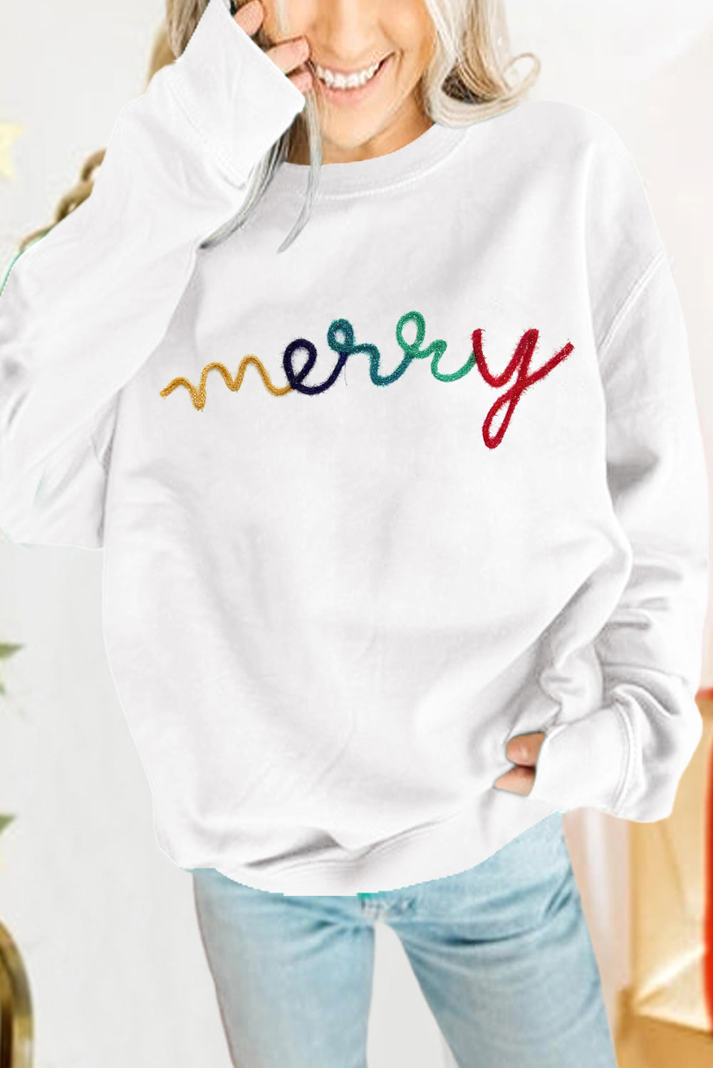 MERRY Print Drop Sleeve Pullover Sweatshirt