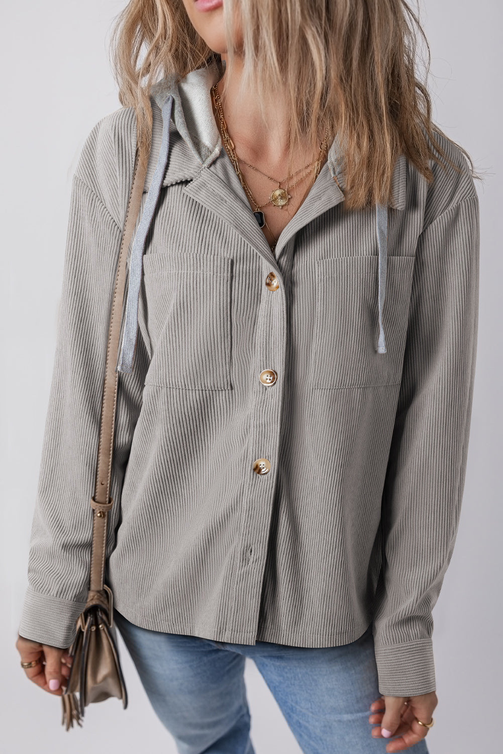 Pale Khaki Pockets Drawstring Hooded Corduroy Shacket