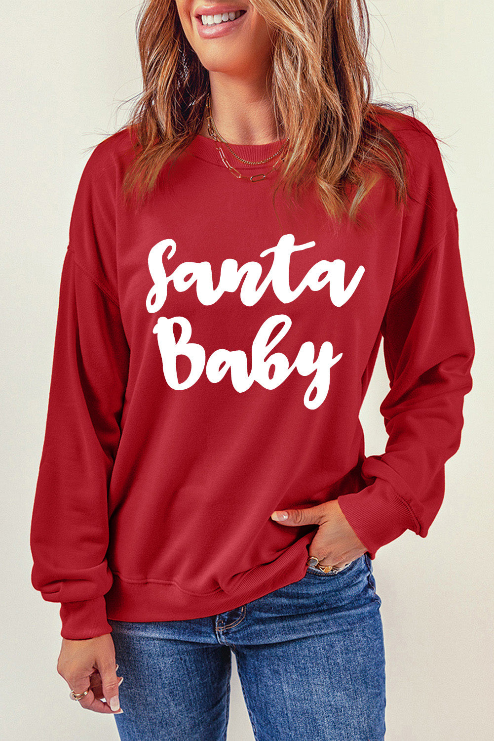 Red Santa Baby Print Crew Neck Pullover Graphic Sweatshirt