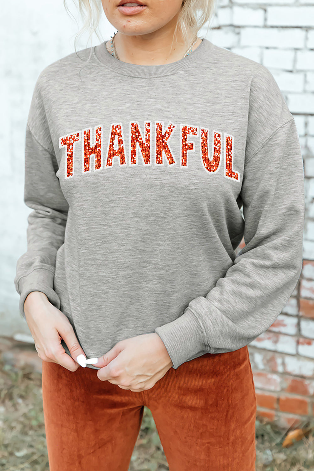 Gray THANKFUL Shiny Letter Printed Graphic Sweatshirt