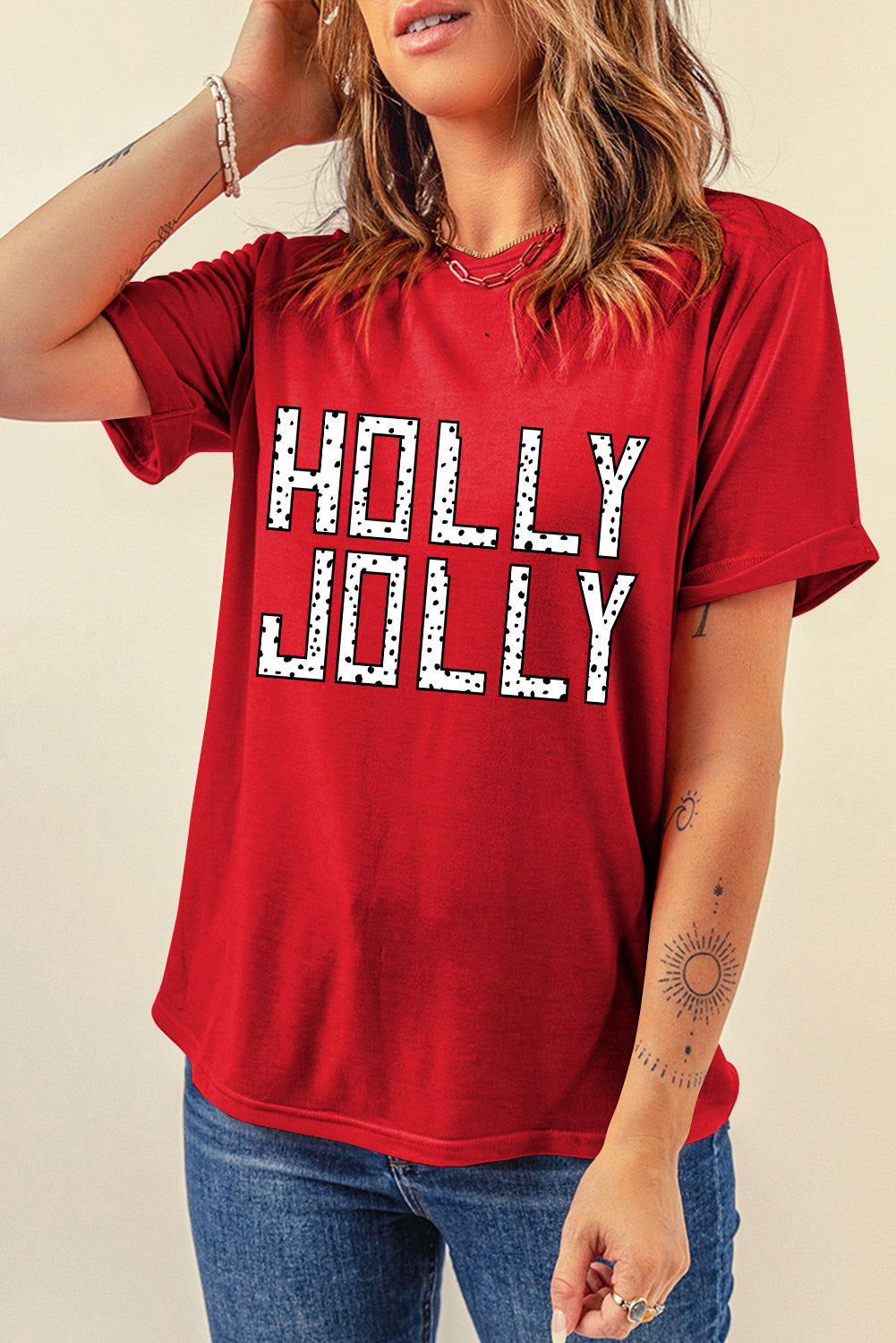 Red HOLLY JOLLY Letter Graphic Crew Neck T Shirt