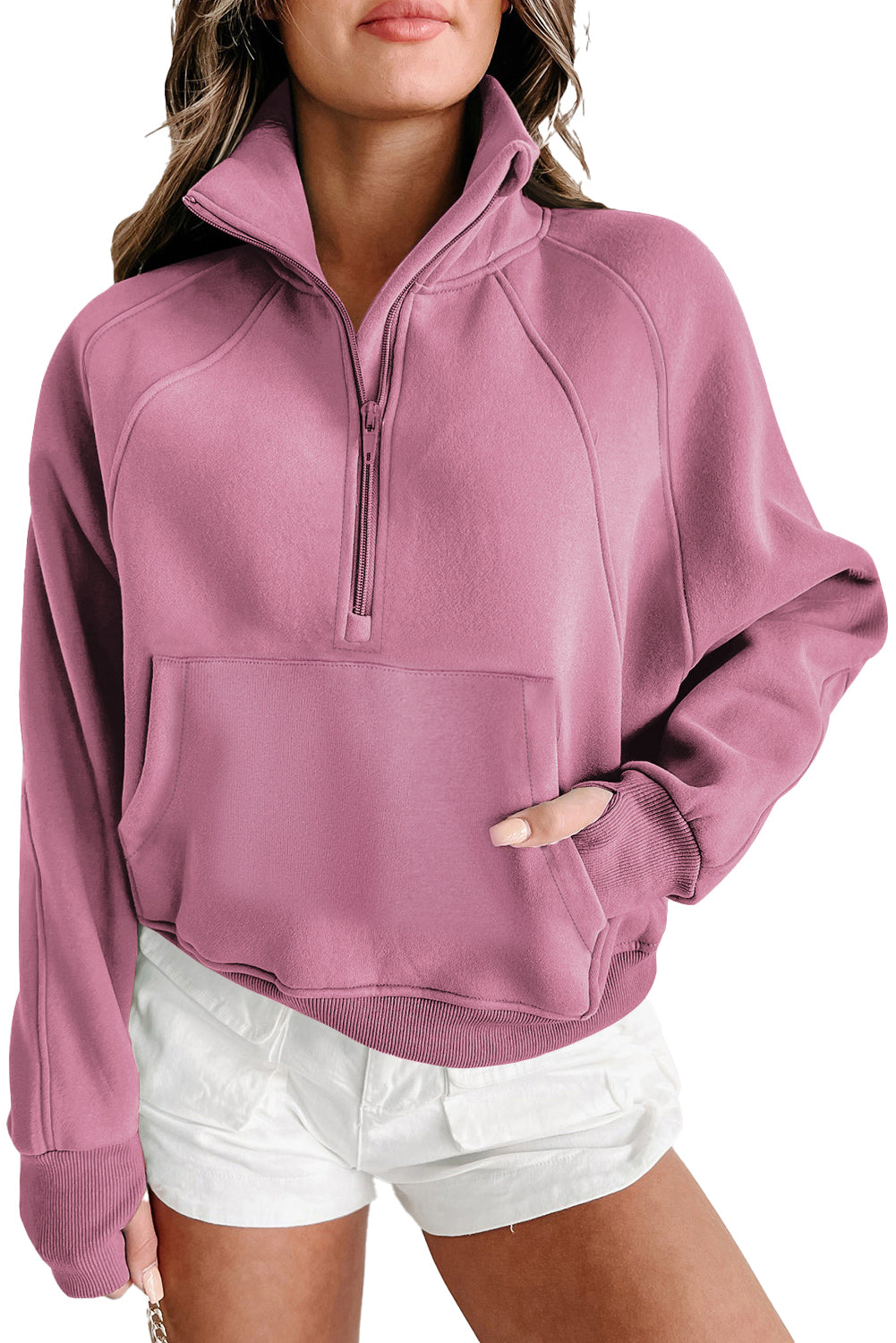 Zip Up Stand Collar Thumbhole Sleeve Sweatshirt