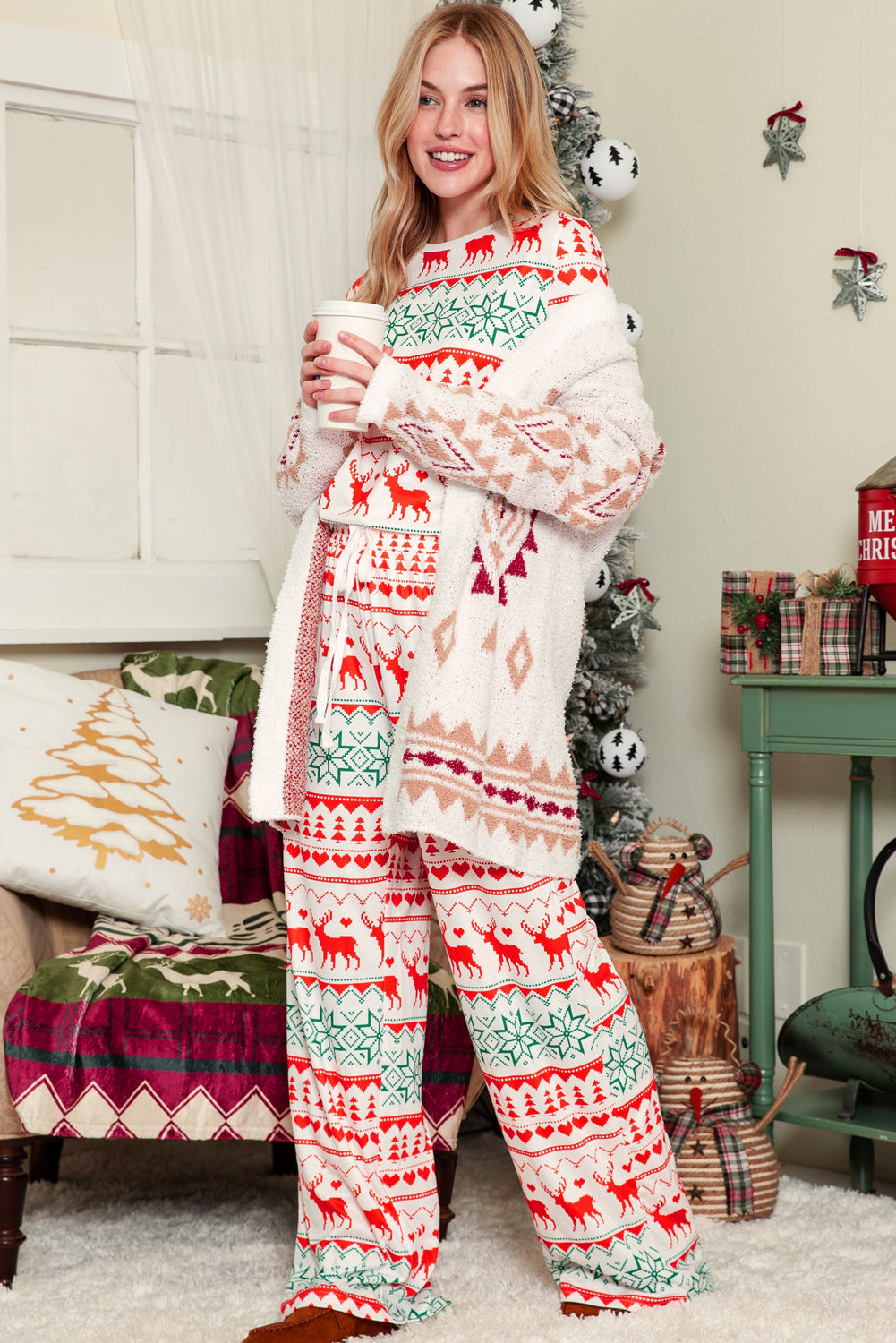 White Christmas Pullover and Drawstring Pants Pajama Set