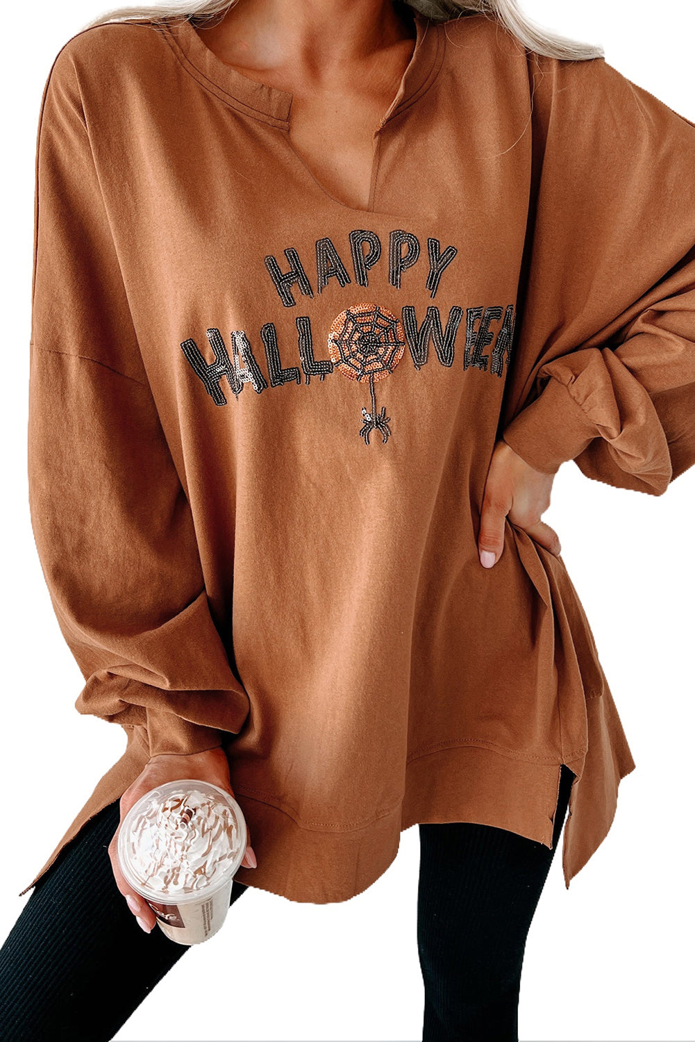 Medium Grey Sequin Happy Halloween Graphic Notched Neck Loose Top