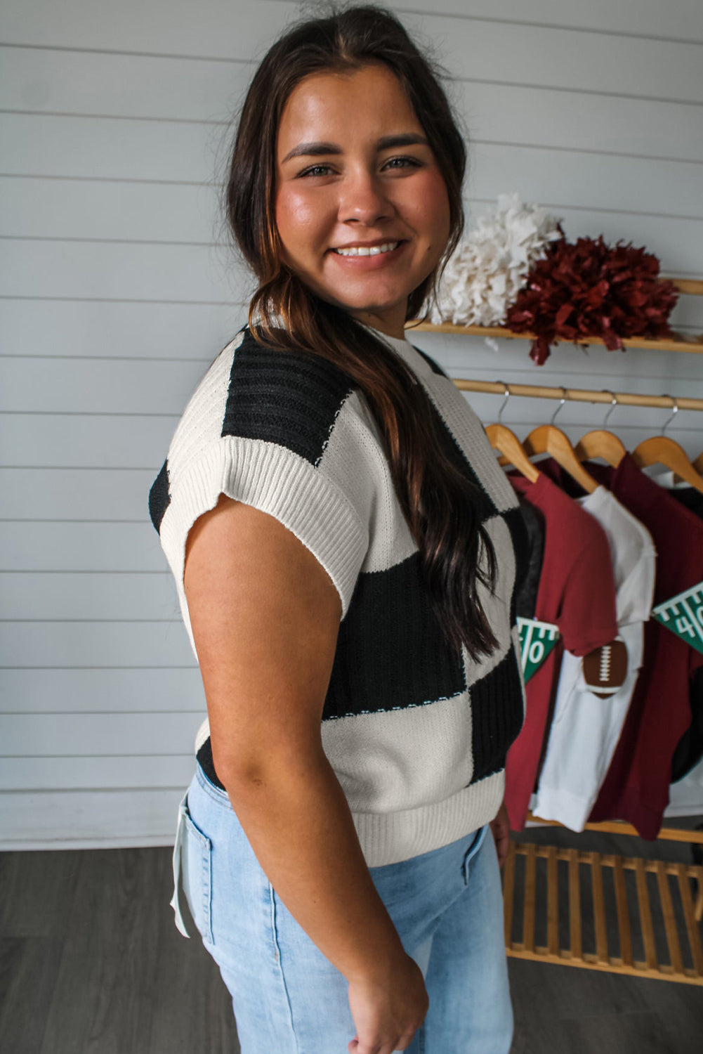 Checkered Color Block Crew Neck Short Sleeve Sweater