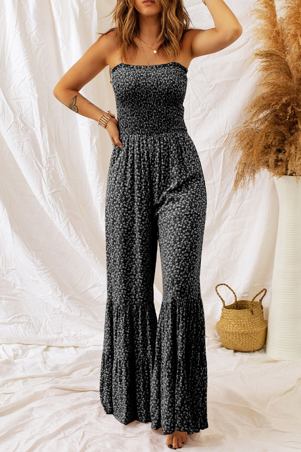 Black Floral Thin Straps Smocked Bodice Wide Leg Jumpsuit