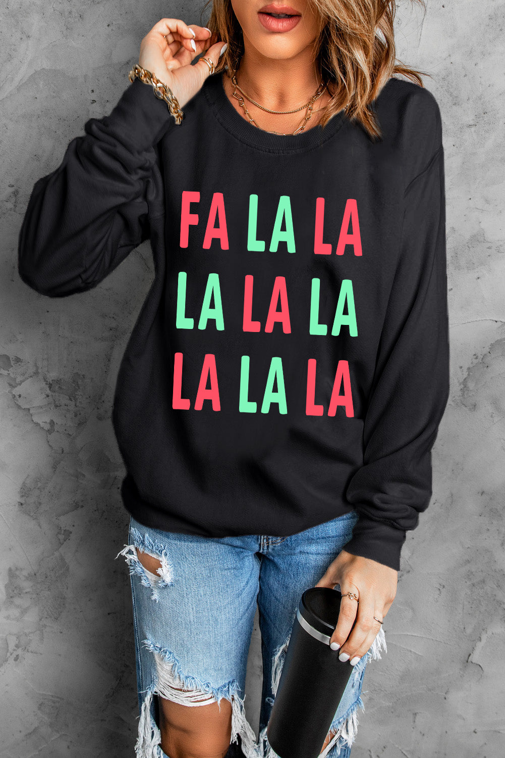 Black FA LA LA LA Print Round Neck Sweatshirt