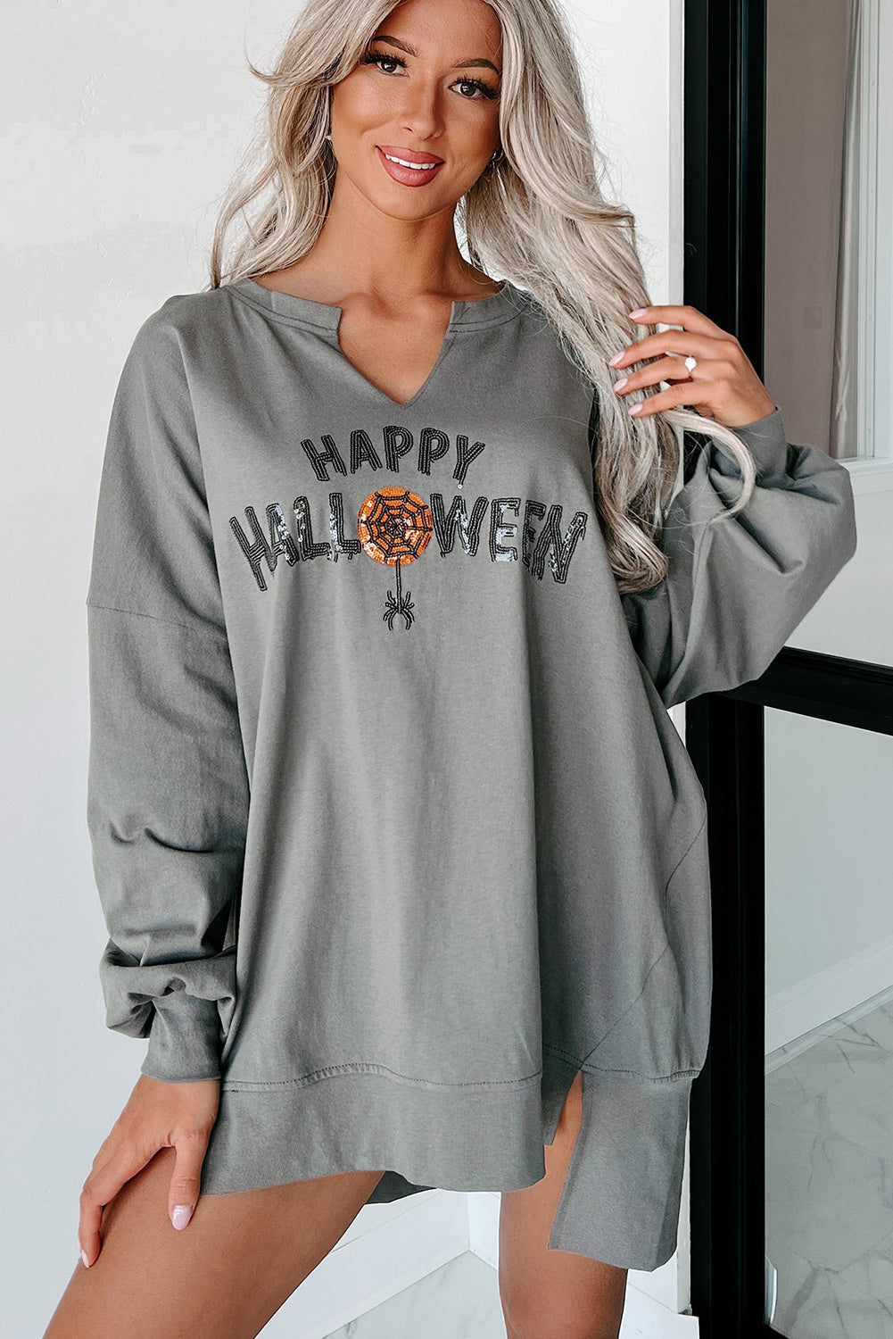 Medium Grey Sequin Happy Halloween Graphic Notched Neck Loose Top