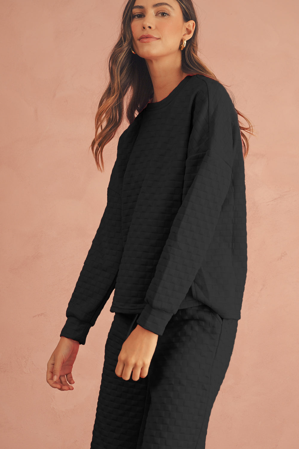 Black Textured Split Pullover Top and Pants Set