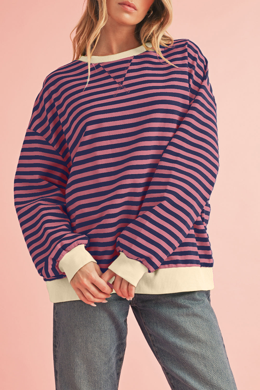 Red Stripe Contrast Edge Oversized Pullover