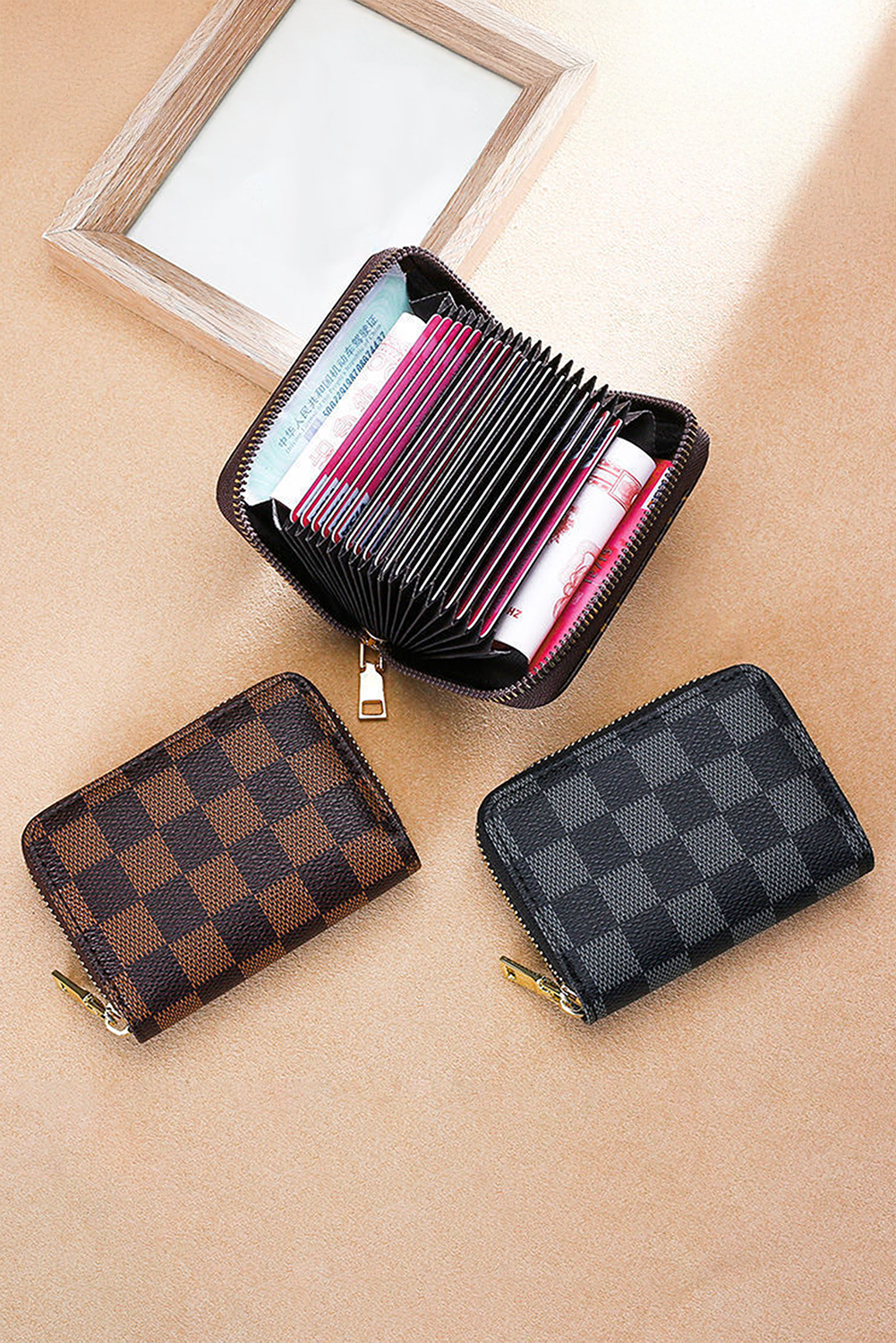 Coffee Checkered Faux Leather Zipper Card Organize Wallet