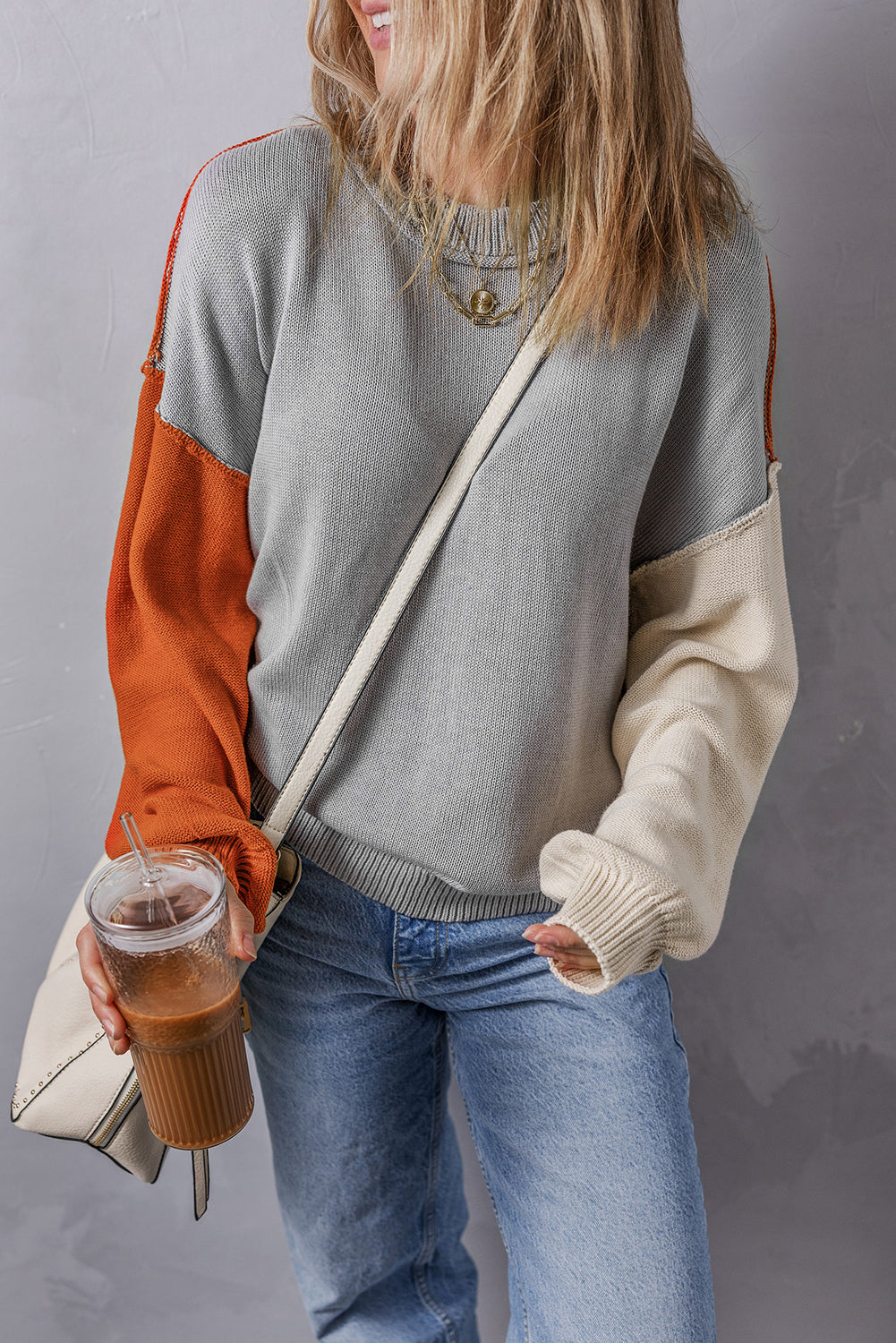 Gray Colorblock Bishop Sleeve Exposed Seam Ribbed Sweater