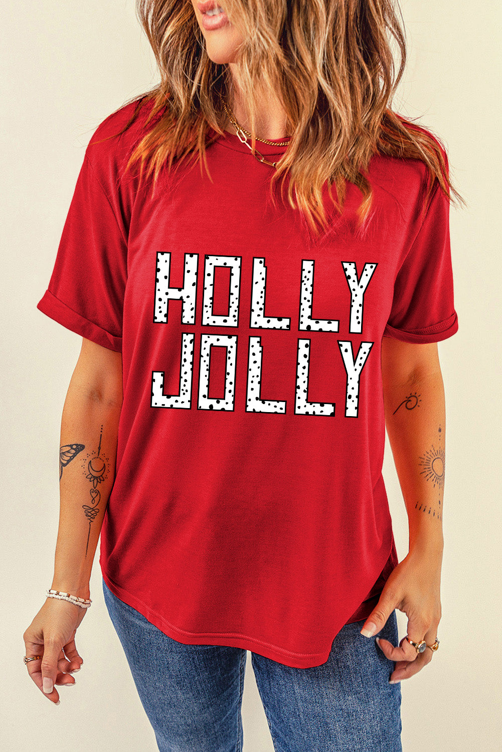 Red HOLLY JOLLY Letter Graphic Crew Neck T Shirt