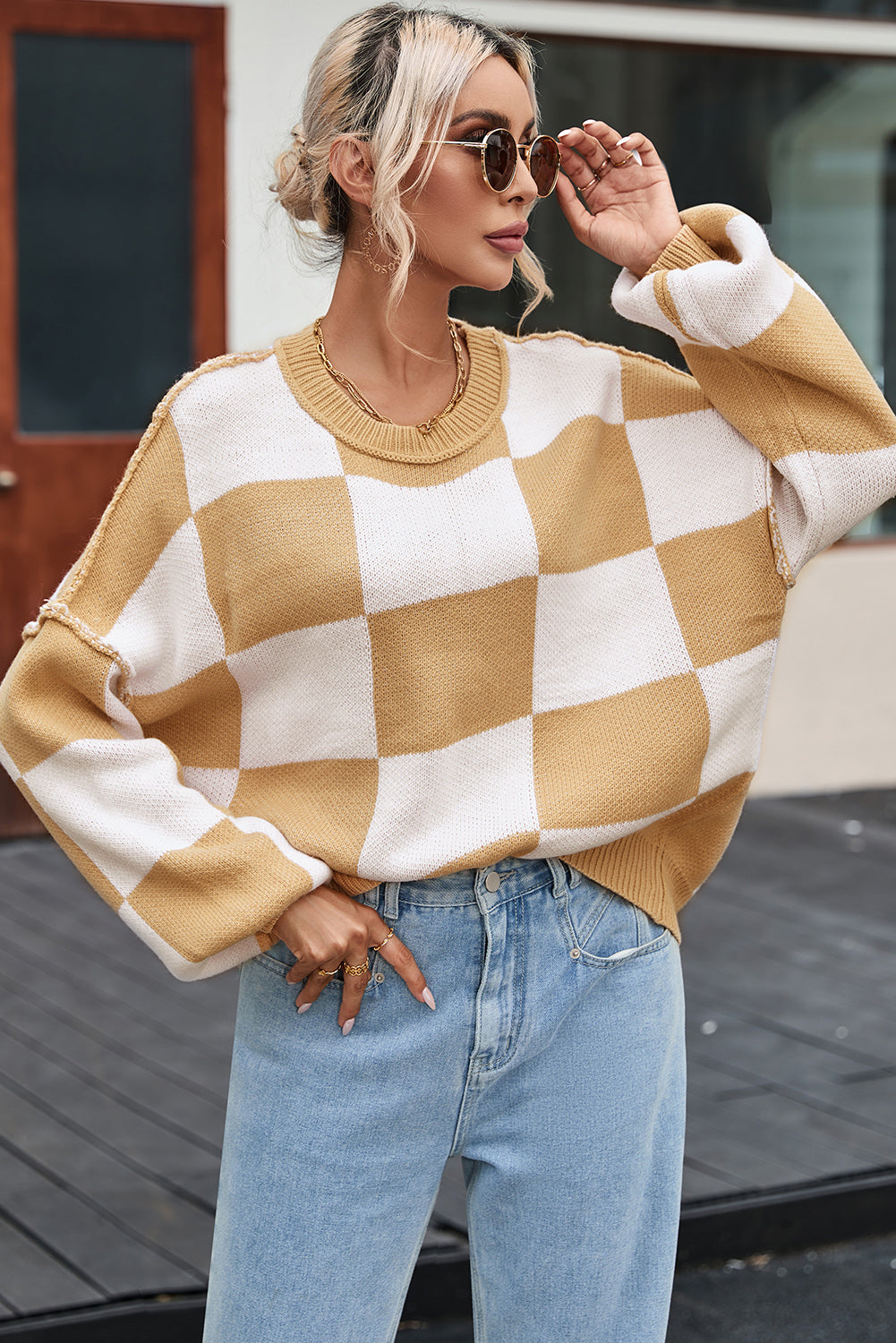 Checkered Bishop Sleeve Pullover Sweater