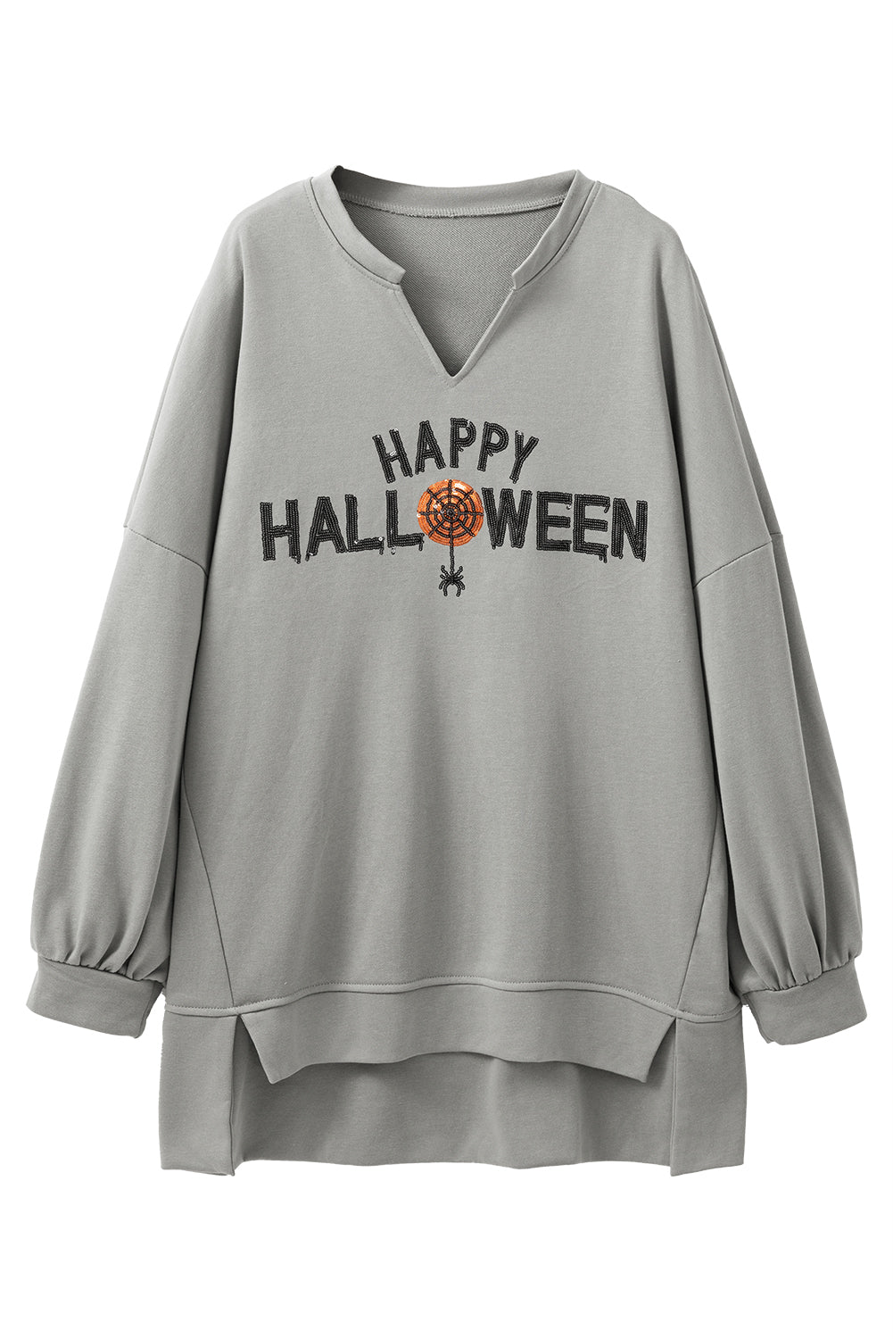 Medium Grey Sequin Happy Halloween Graphic Notched Neck Loose Top