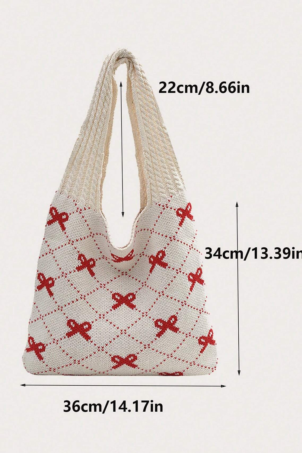 Fiery Red Bow Argyle Pattern Cable Knit Handle Tote Bag