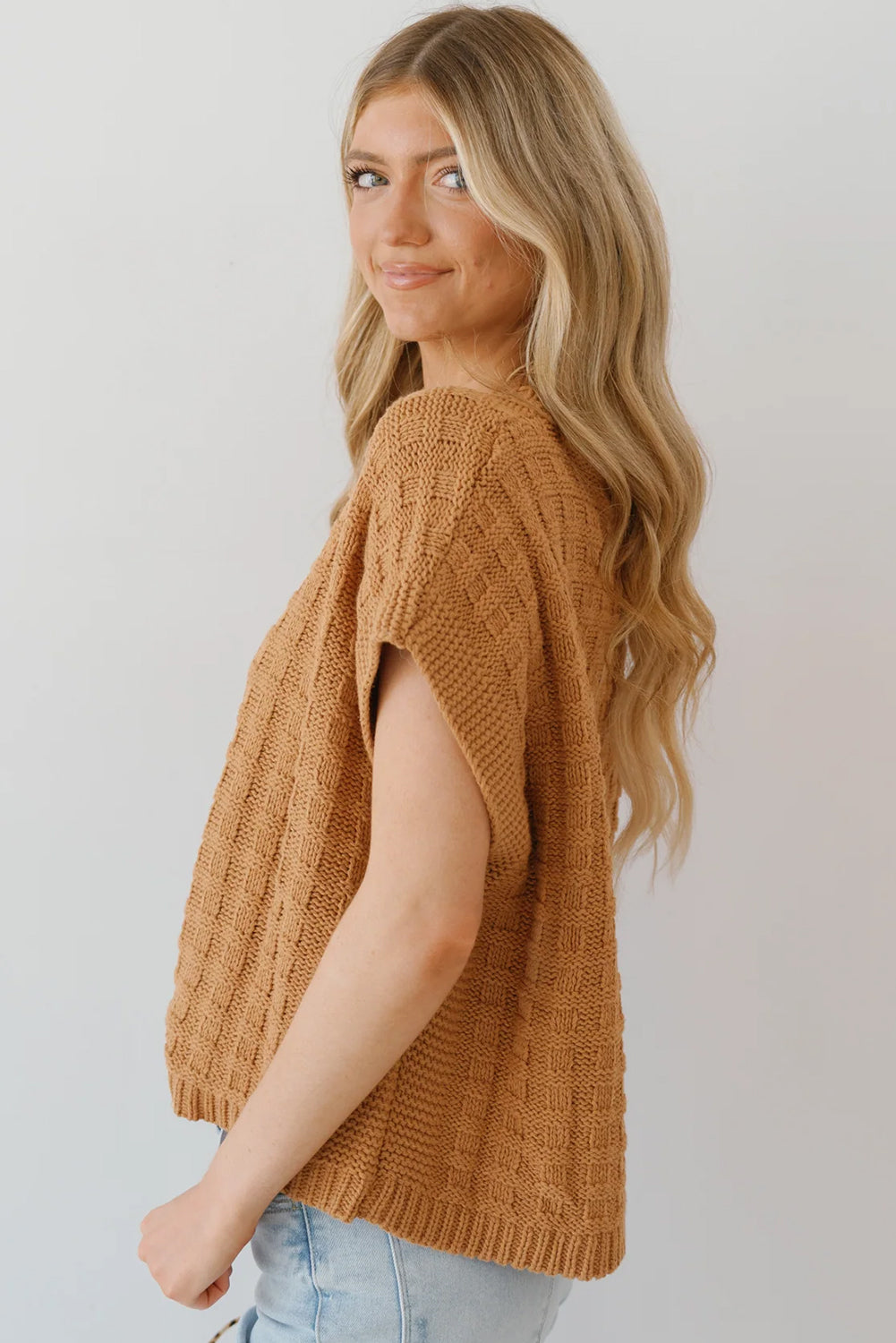 Camel Plain Checkered Texture Knit Top