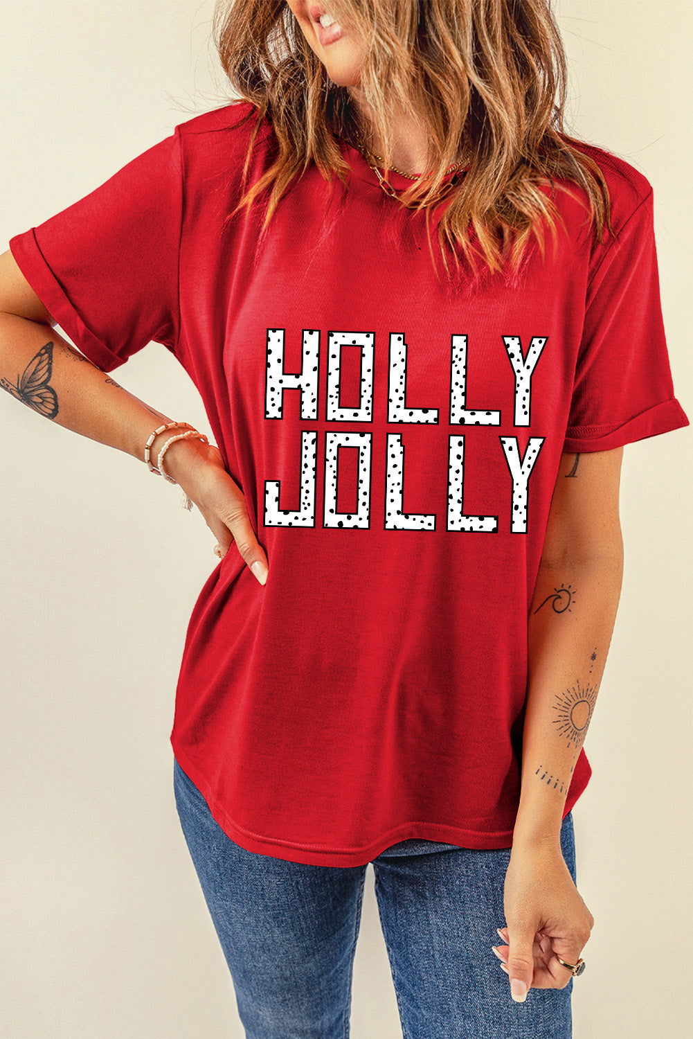 Red HOLLY JOLLY Letter Graphic Crew Neck T Shirt