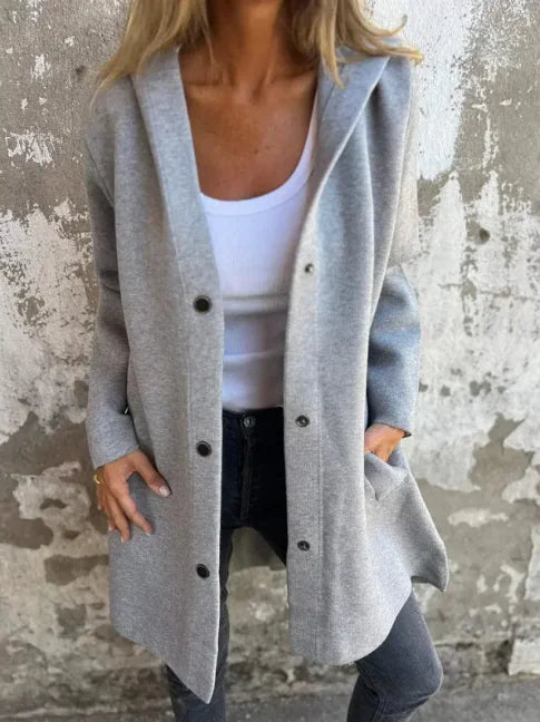 Chic & Cozy Women's Hooded Cardigan – Loose Fit Solid Color Jacket