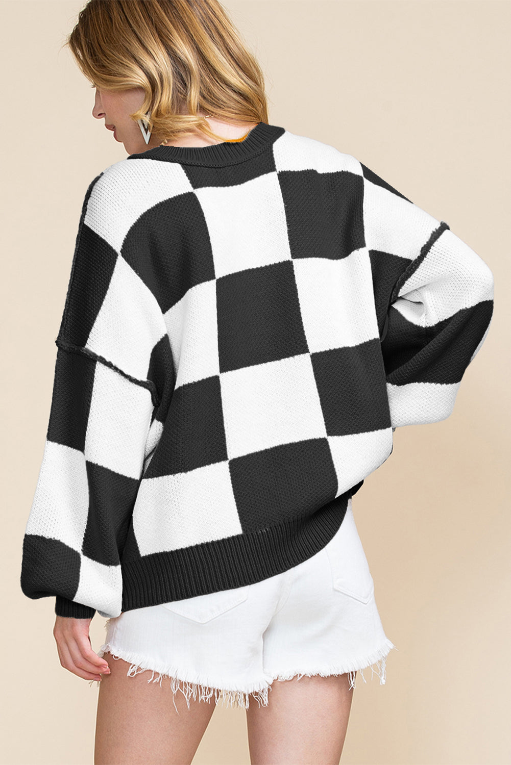 Checkered Bishop Sleeve Sweater