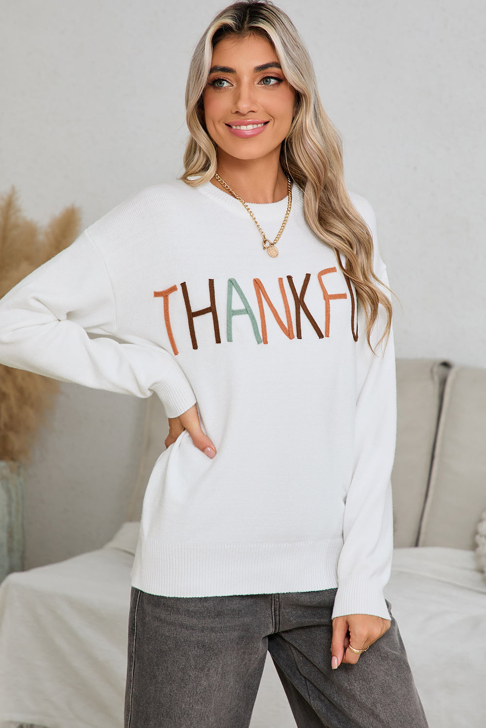 White Thankful Ivory Embroidered Sweater