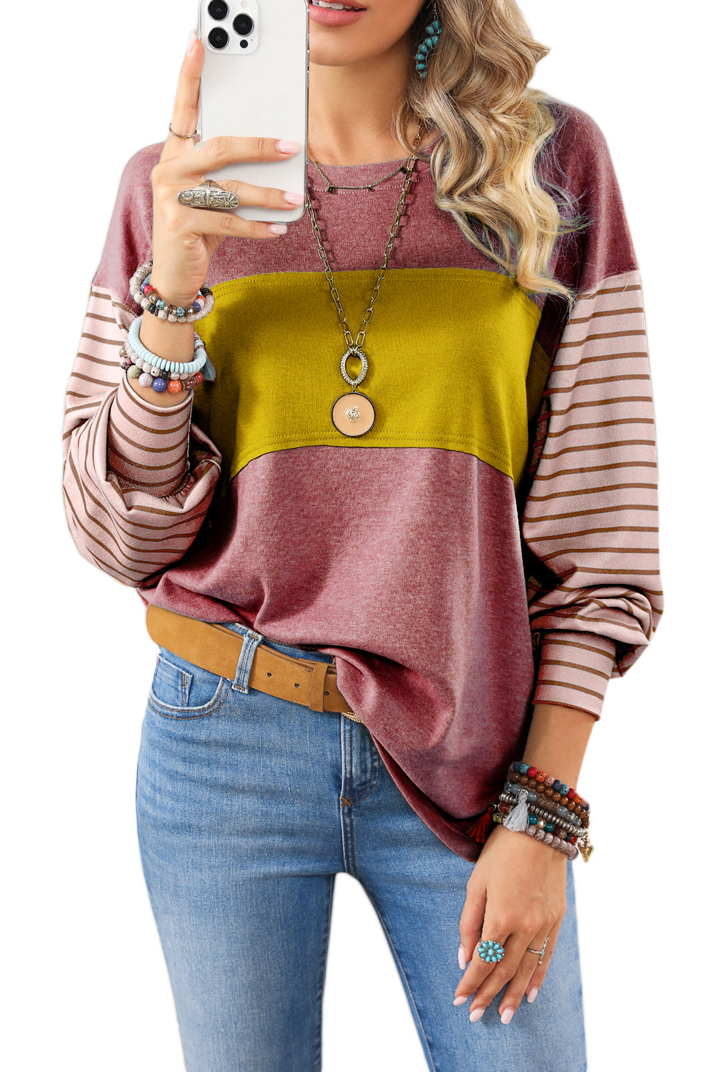 Colorblock Striped Bishop Sleeve Top with Side Slits