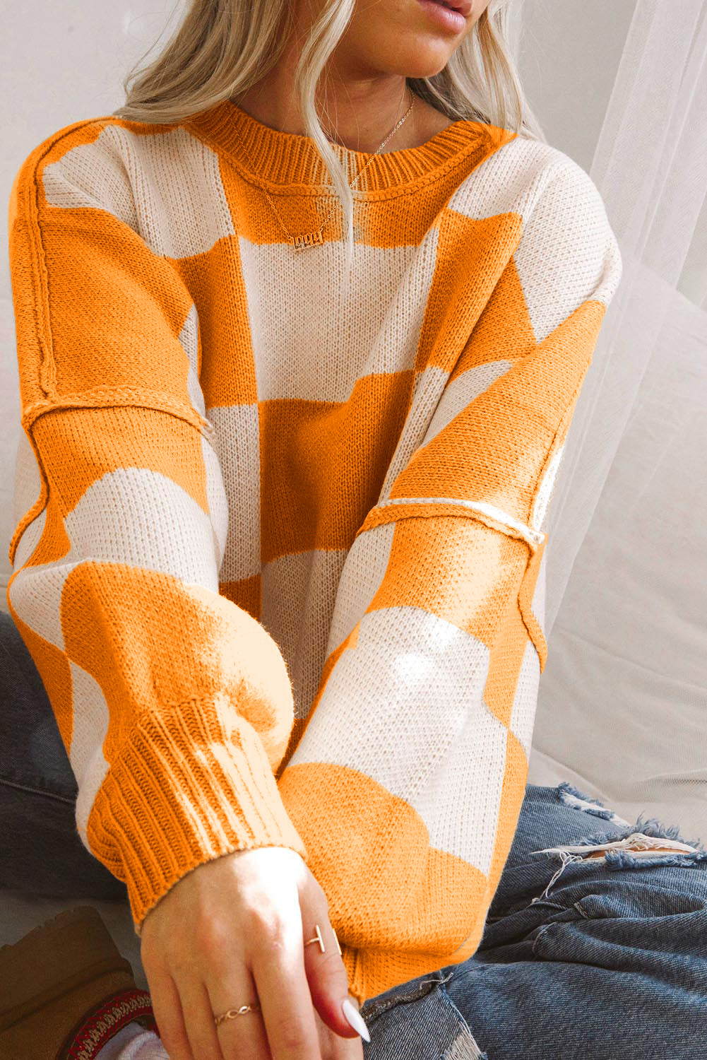 Checkered Bishop Sleeve Pullover Sweater