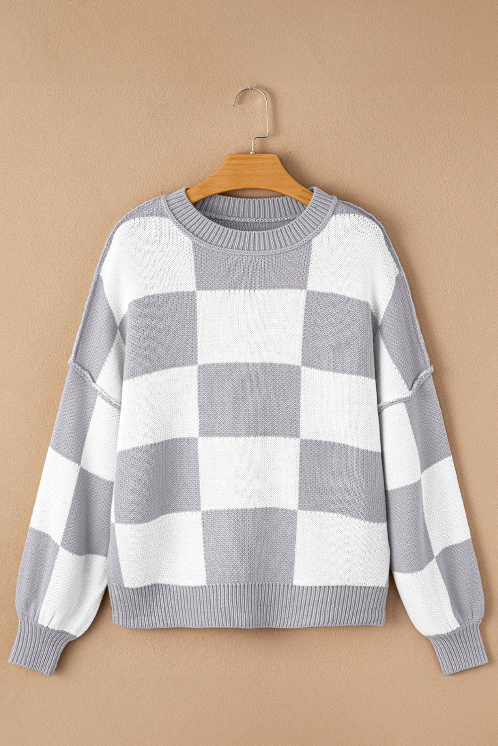 Checkered Bishop Sleeve Pullover Sweater