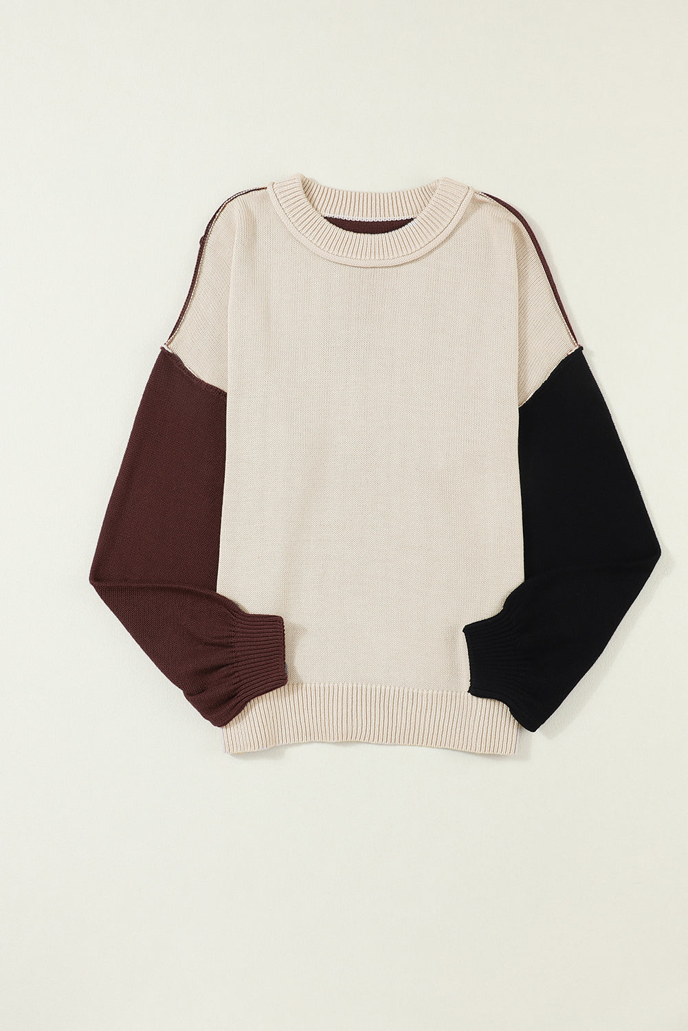 Gray Colorblock Bishop Sleeve Exposed Seam Ribbed Sweater