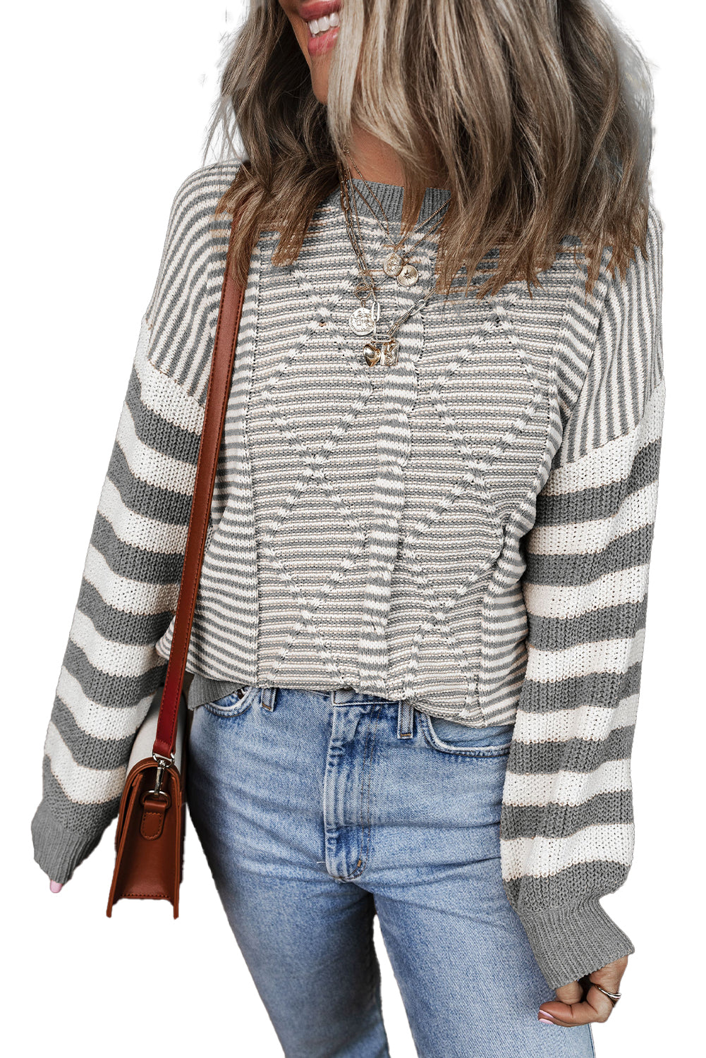 Gray Stripe Twisted Knitted Drop Shoulder Sweater