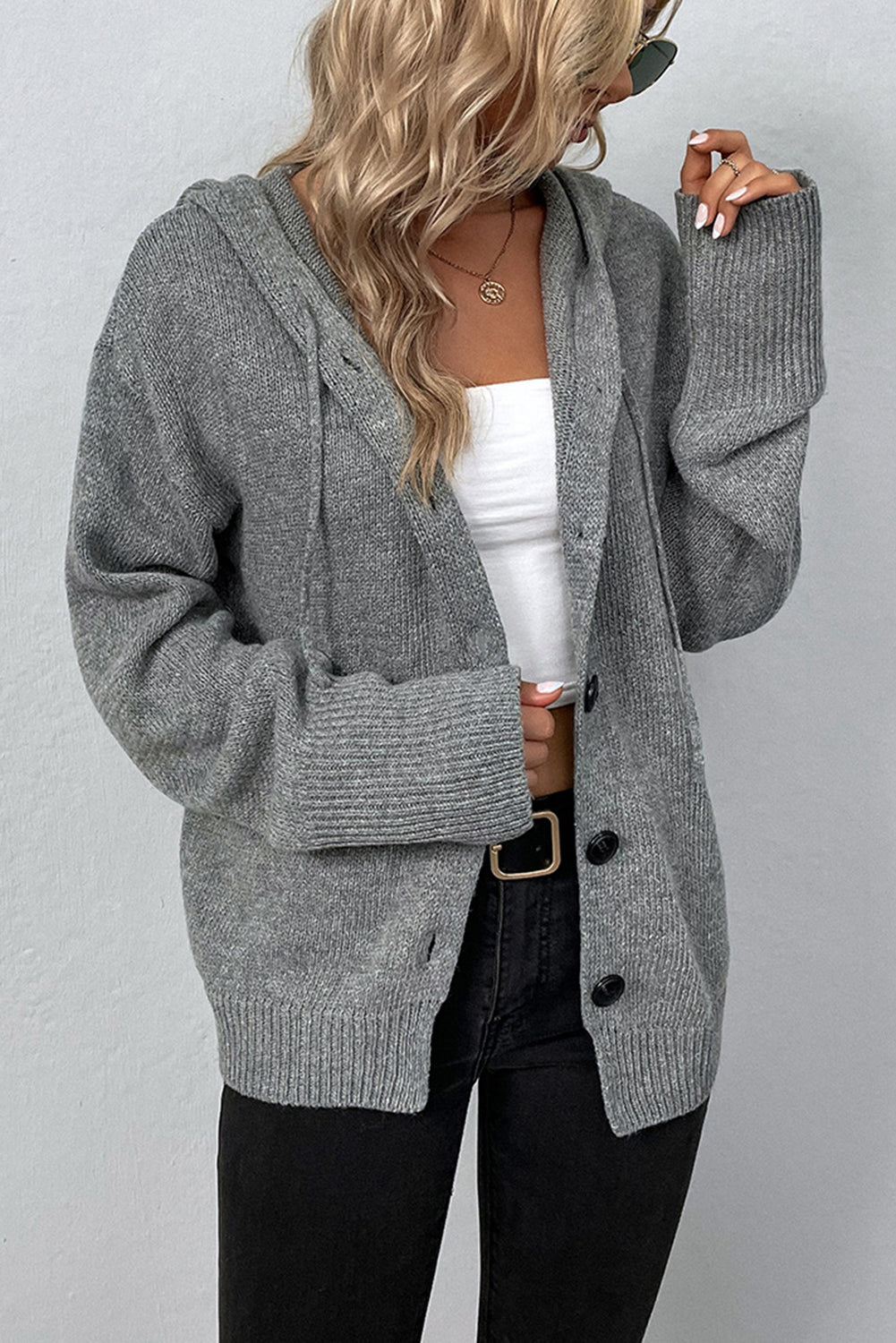 Medium Grey Hooded Button Up Drop Shoulder Sweater Cardigan