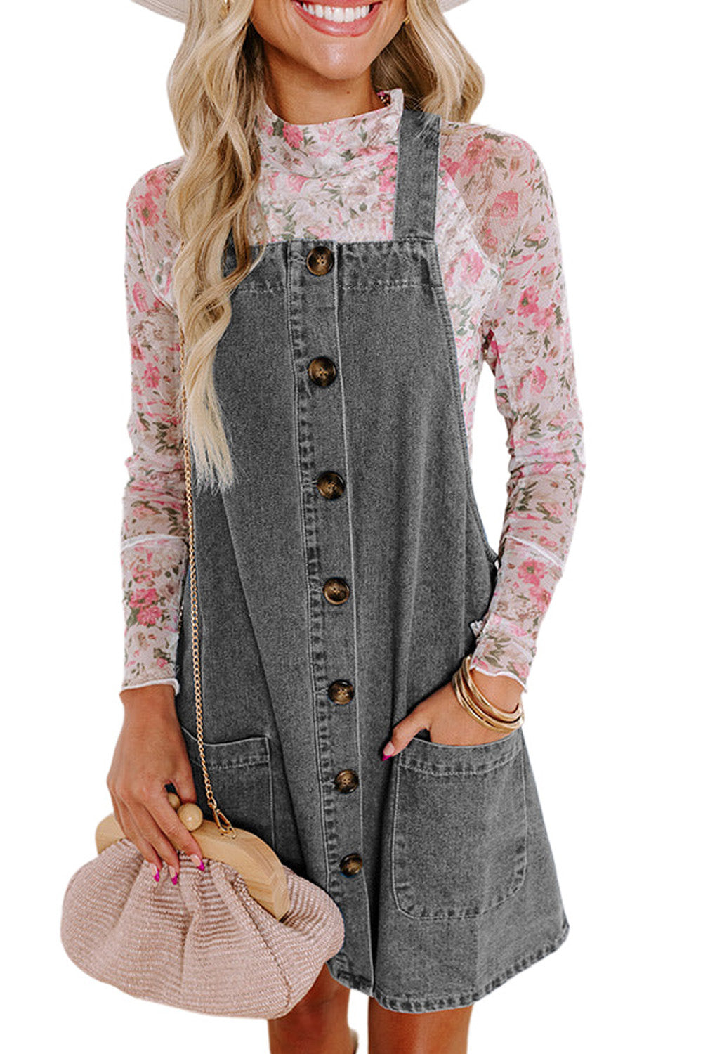 Medium Grey Wide Strap Button Front Pocketed Denim Short Dress