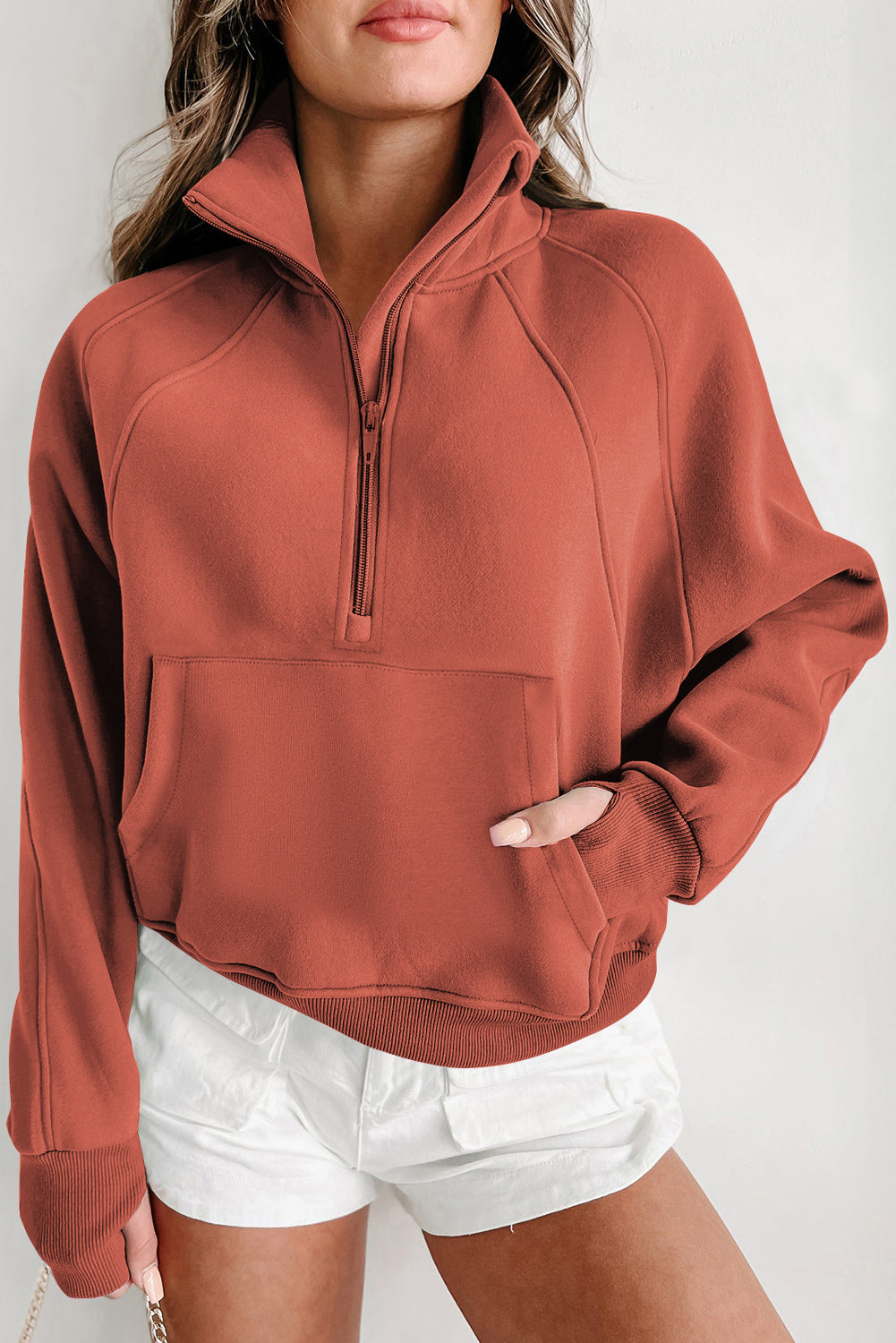 Zip Up Stand Collar Thumbhole Sleeve Sweatshirt