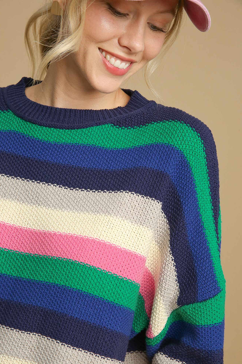 Bright Green Rainbow Striped Round Neck Drop Sleeve Sweater